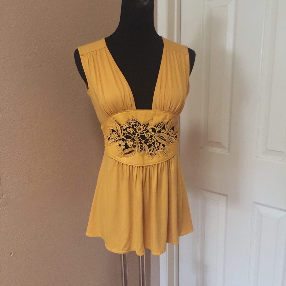 Mustard Yellow Sleeveless Lace-Panel Women's Blouse